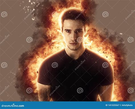 Young Man With Fire Explosion Or Flame Burst Behind Him Stock Image