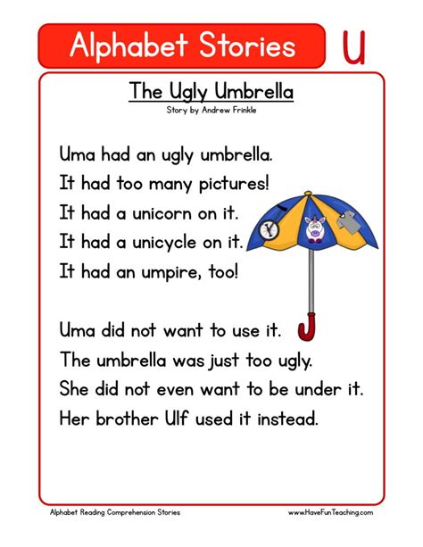 Rain, rhino, rose, robot, rainbow, ruler, rabbit, rug each of the 8 . Reading Comprehension Worksheet - The Ugly Umbrella