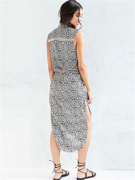 Split Maxi Dress V Neck Sleeveless Floral Print Asymmetric High Low Dress For Summer
