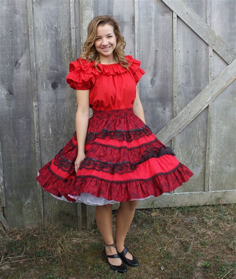 6800s Red Tiered Skirt With Black Lace Brantleys Western And Casual Wear