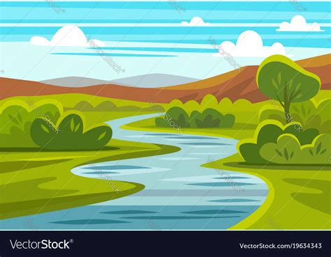 Cartoon Landscape With Mountains River And Trees Vector Image