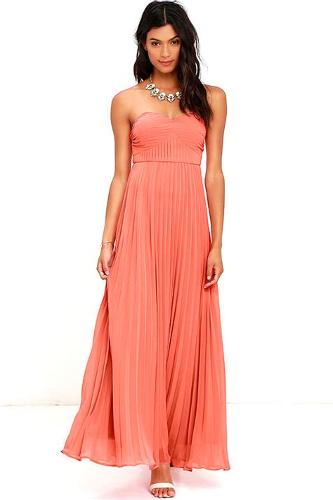 Coral Pink Dress Maxi Dress Strapless Dress Pleated Dress 89 00