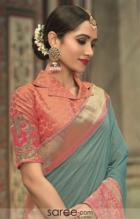 Want to check out complete blouse back neck designs catalogue of this year? Peach Jacquard Silk Collared Neck Blouse Design | Blouse ...