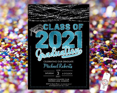Class of 2021 Aqua Graduation Invitation Printable Template, Black ...