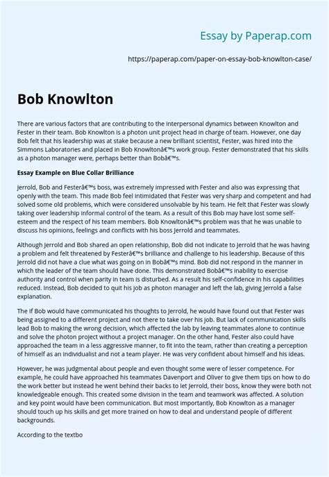 Bob Knowlton And Blue Collar Brilliance Free Essay Example