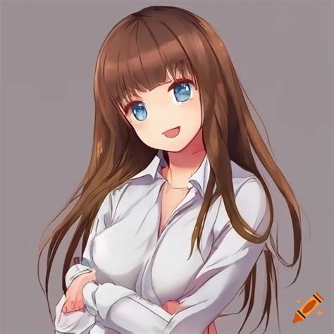 Adorable Anime Young Woman With Brown Hair And Sky Blue Eyes In A White
