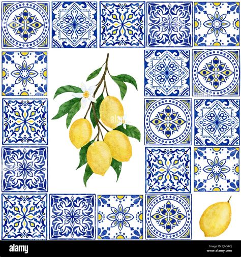 Watercolor Hand Drawn Seamless Pattern With Lemon Citrus Fruit Blue