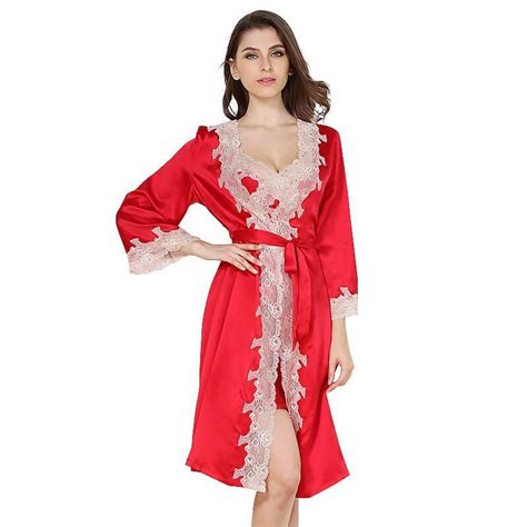 Sexy V Neck Long Silk Nightgown And Robe Set With Lace Long Silk Nightgown Women Silk Robe