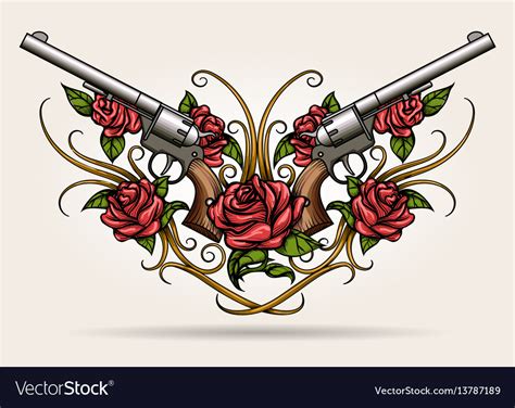 Two guns and rose flowers drawn in tattoo styl Vector Image Rose contour drawing lightly trace this line drawing, use a graph to draw it, or draw the rose free hand.