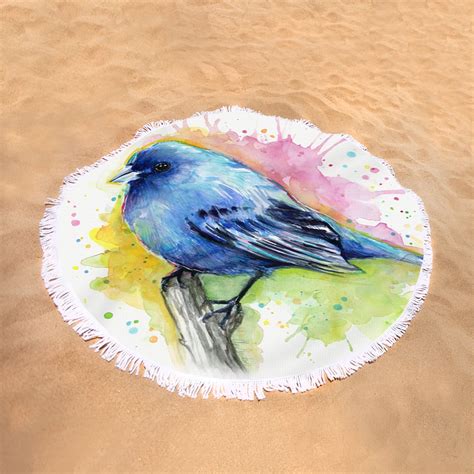 Indigo Bunting Blue Bird Watercolor Round Beach Towel For Sale By Olga Shvartsur