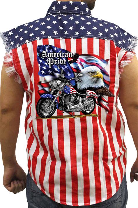 Biker Apparel Mens Usa Flag Sleeveless Denim Shirt American Pride