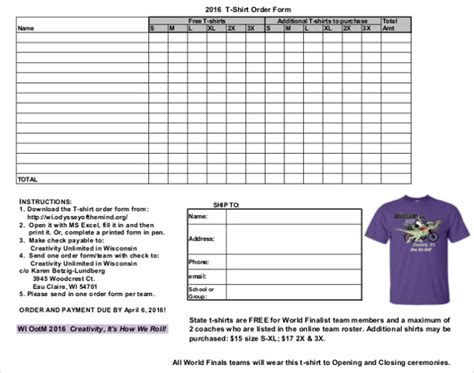 Printable Downloadable T Shirt Order Form Template Printable Templates