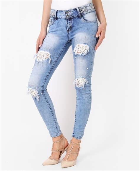 skinny jeans lace and pearl knee skinny jeans krisp