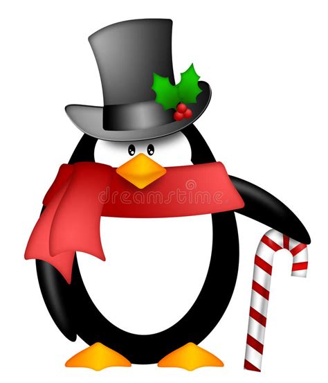 Penguin Top Hat Red Scarf Candy Cane Clipart Stock