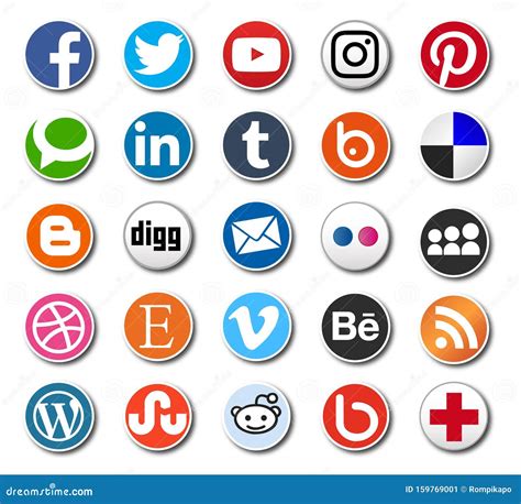 66 Round Social Media Icons White With Tin Border Vector Illustration