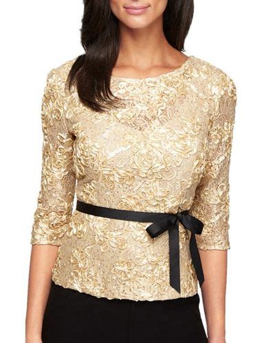 Alex Evenings Satin Rosette Embellished Lace Top In Gold Metallic Lyst