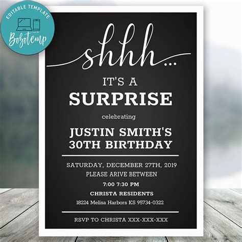 Editable Surprise 30th Mens Birthday Party Invitation DIY | Bobotemp