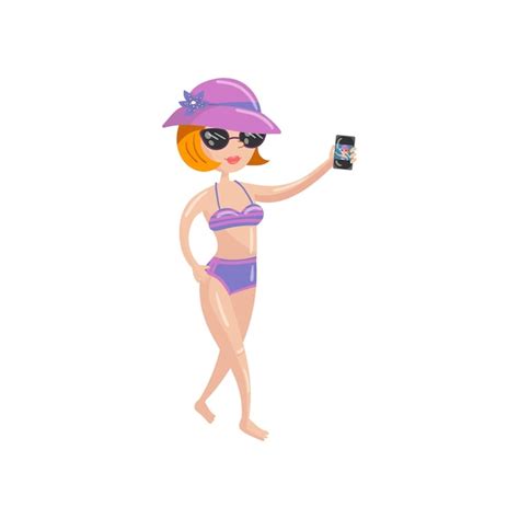 Mujer Joven En P Rpura Traje De Ba O Y Sombrero Sol Toma Selfie Con Smartphone