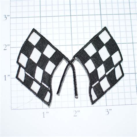 Racing Checkered Flag Vintage Iron On Patch Black And White Starter