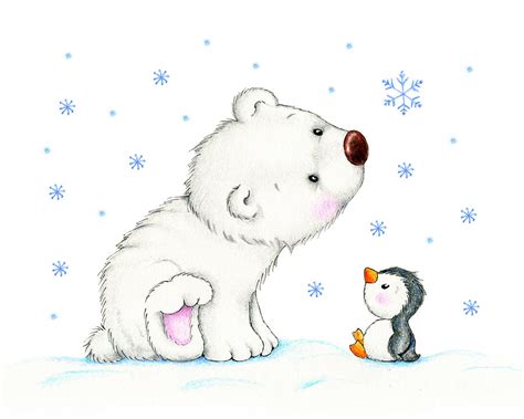 The artist creates the fantastic world that remind us the fairy tales from our childhood. Polar Bear And Penguin Drawing by Tatiana Ciumac