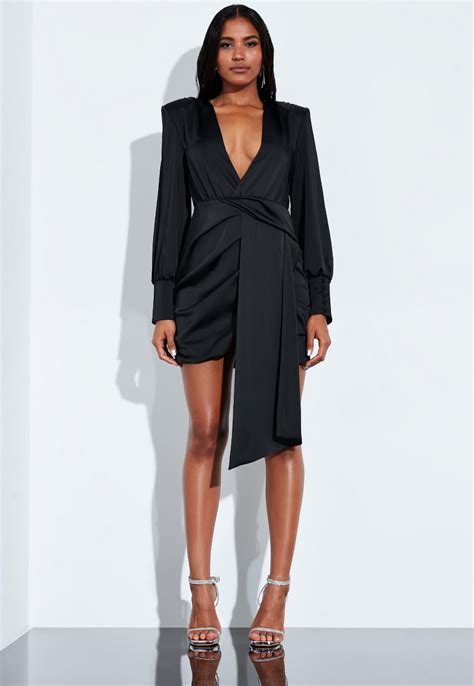 Peace Love Black Satin Wrap Front Drape Mini Dress Missguided