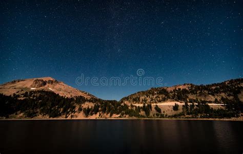 Stars And A Road At Night In Lassen Volcanic National Park Stock Image