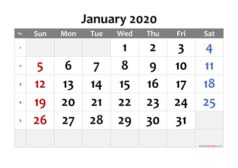 January 2020 Printable Calendar 6 Templates