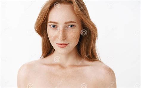 Feminine Attractive Adult And Slim Redhead Female With Freckles And Natural Ginger Hair Standing