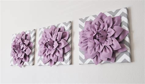 Wall Art Set Of Three Lilac Dahlia On Gray And White Chevron