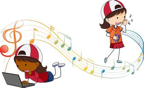 Doodle cartoon character of girls listening music with musical melody