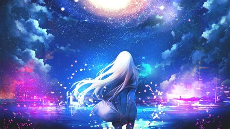 White Haired Girl Anime Under Galaxy Sky Hd Wallpaper Wallpaper Flare