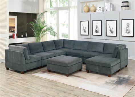 Unique Modular 9pc Sectional Sofa Set Grey Chenille Fabric Wood Legs 3