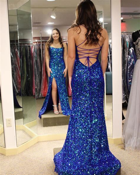 PSY Glitter Royal Blue Mermaid Prom Dress With Slit Spaghetti Straps Prom Dresses Prom