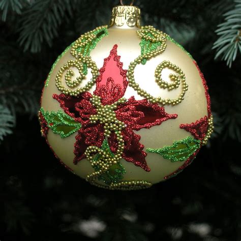 Beaded Poinsettia Ball Blown Glass Ornament Case Of 6 Christmas