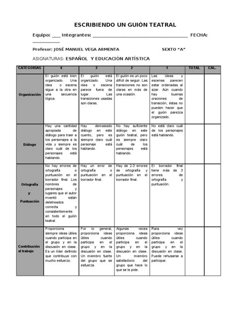 Rubrica Y Guía De Observación De Guión Teatral Pdf Diálogo Teatro