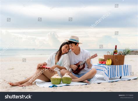 Asian Couple Happy Enjoy Trip Honeymoon Stock Photo