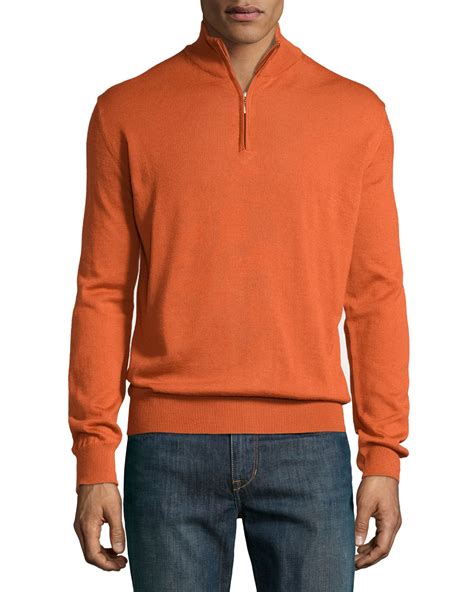 Neiman Marcus Wool Blend Half Zip Mock Turtleneck Sweater In Brown For