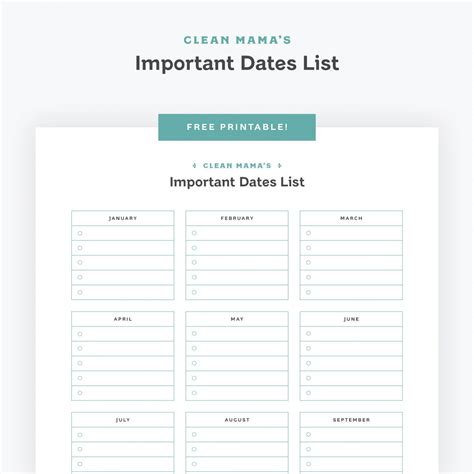 Free Printable Important Dates List Clean Mama