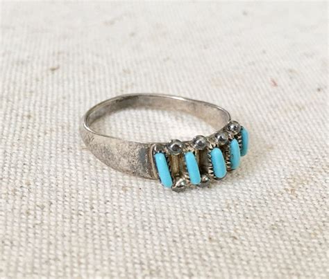 Vintage Zuni Turquoise Ring Native American Sterling Silver Needlepoint