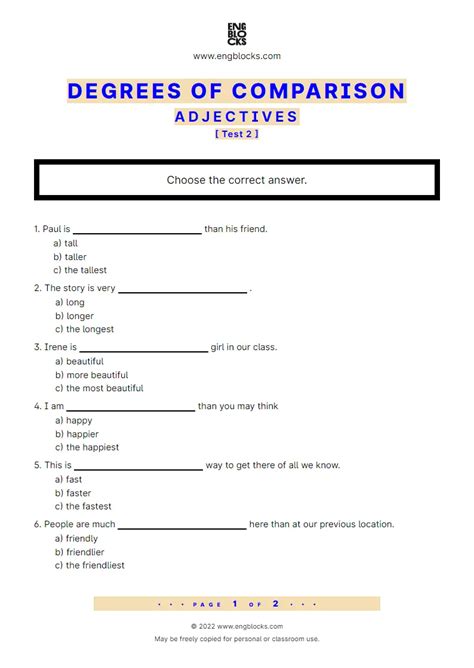 Adjectives Degrees Of Comparison Test 2 Worksheet English Grammar