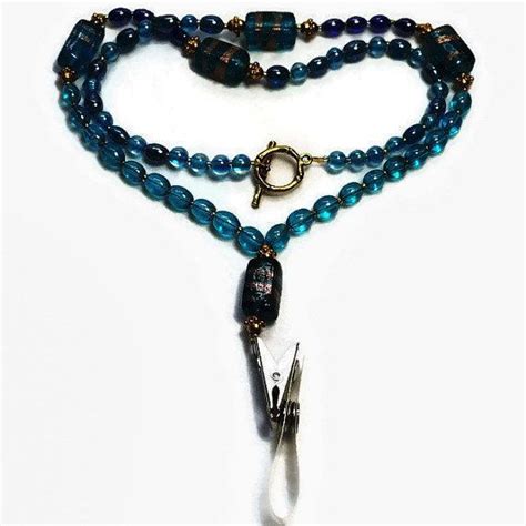 Light And Dark Blue Bead Id Badge Necklace Id Lanyard Key Etsy Blue