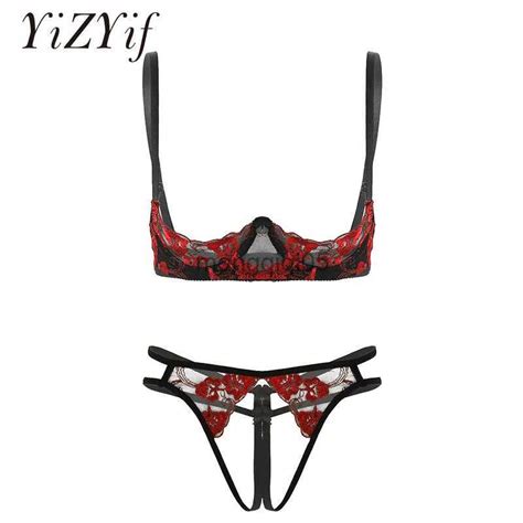 Sexy Set Womens Open Half Cups Bra G String Set Bare Exposed Breasts Erotic Embroidery Lace