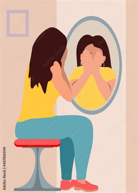 Sad Girl Looks In The Mirror Flat Vector Cartoon Illustration Illustration Of A Teenage Girl