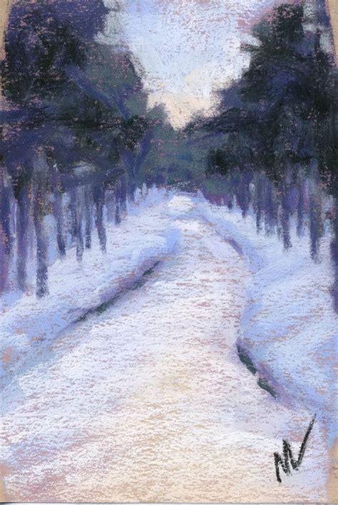 Fresh Snow Pastel Painting Of A Path Through The Woods In Winter