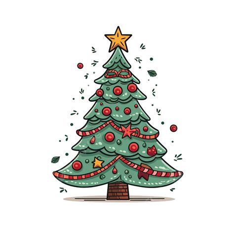 Christmas Tree Decorated With Garland In Doodle Hand Drawn Style