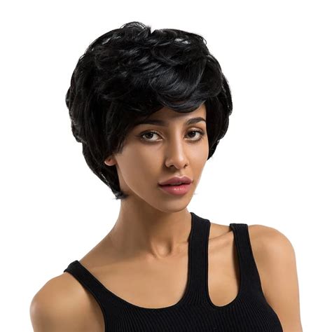 element synthetic 8 short natural wave hair wig fluffy black color blend 50 human hair with