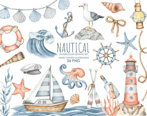 Watercolor Nautical Clipart Ocean Waves Clipart Lighthouse Etsy