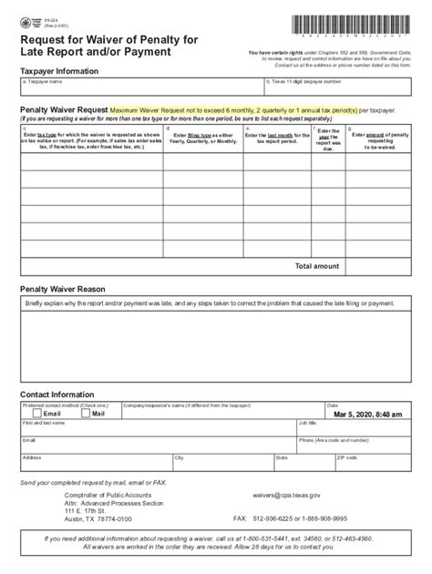 If you believe that a penalty should be waived because the failure to pay the tax on time was due to reasonable cause and was not intentional or due to neglect, you have the right to request a penalty waiver. Form 89 224, Request For Waiver Of Penalty For Late Report - Fill Out and Sign Printable PDF ...