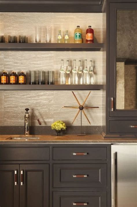 The base cabinet is the standard storage unit of any flat pack kitchen. built in bar, gray cabinets, open shelving, leather ...