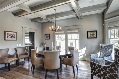Coffered ceiling is the most common design for decorative ceiling. Mindful Gray Sherwin Williams | Transitional dining room ...